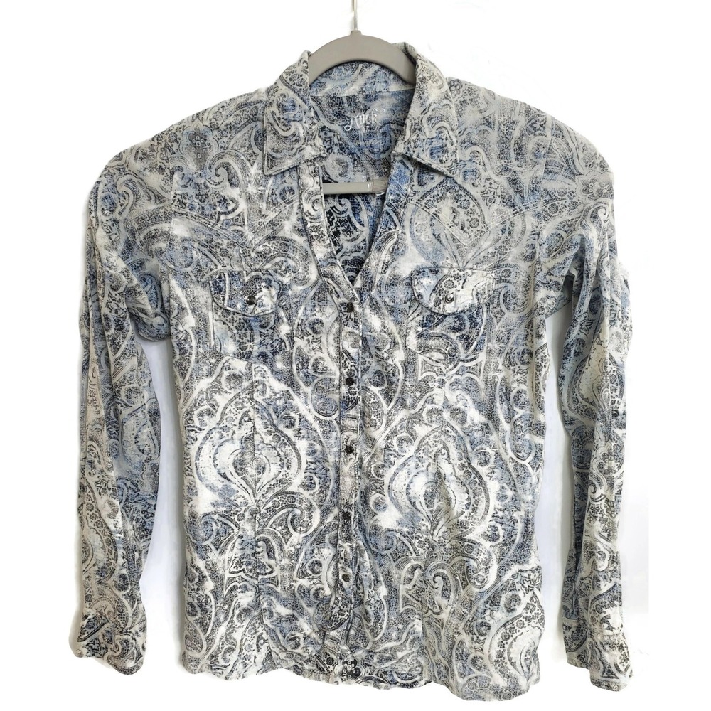 Rock 47 by Wrangler Shirt Women's Medium Blue Paisley Western Pearl Snap Cowgirl